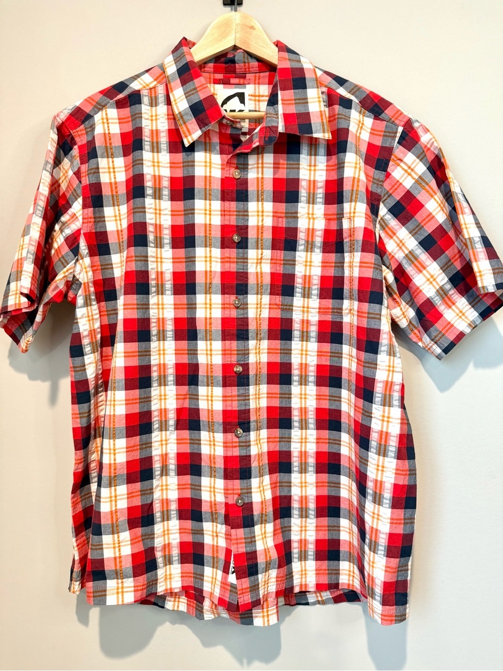 Men's Mountain Khaki Short-Sleeve Plaid Button-Up Textured Shirt Red Orange Navy